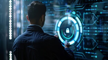 Man showcasing cybersecurity defenses in a digital interface