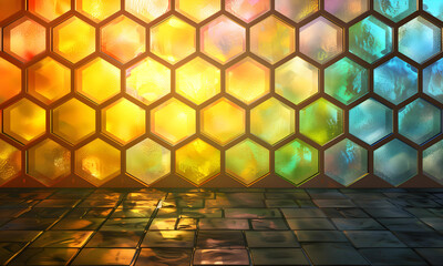 Stained-glass hexagon cells full color with the floor. - 808425774