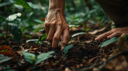 A focus on a hand removing plastic from a forest floor, showcasing a commitment to green spaces, natural lighting, raw style