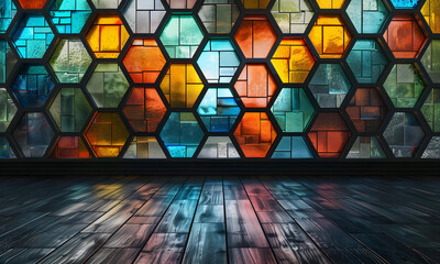 Stained-glass hexagon cells full color with the floor. - 808425952
