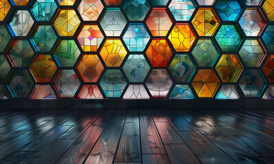 Stained-glass hexagon cells full color with the floor. - 808425955