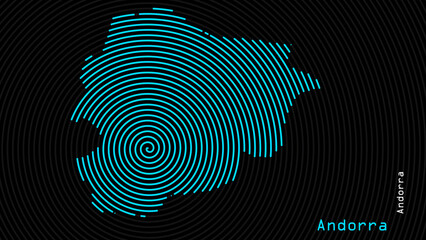 A map of Andorra, with a dark background and the country's outline in the shape of a colored spiral, centered around the capital. A simple sketch of the country, highlighting its unique shape.