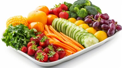 A beautifully arranged platter of steamed vegetables and vibrant fruits, ready to serve, portraying a healthy lifestyle choice on an isolated white background