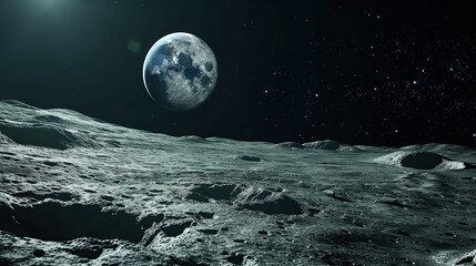 Moon surface in deep bright space. Future Artemis mission from Earth planet on Moon . Generative Ai