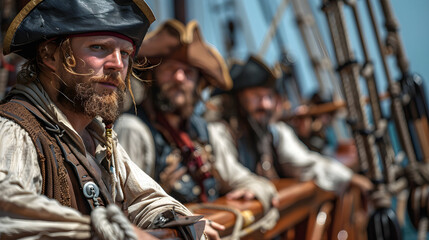 Sailing Adventure: Pirate Crew Hoisting Sails on Deck