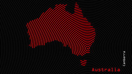 A map of Australia, with a dark background and the country's outline in the shape of a colored spiral, centered around the capital. A simple sketch of the country, highlighting its unique shape.