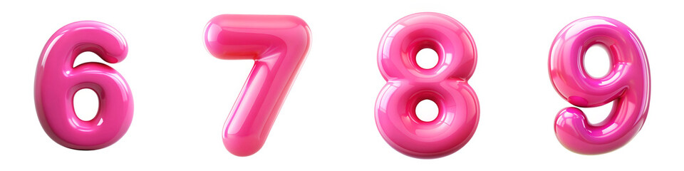 Numbers 6, 7, 8, 9. Shiny Pink 3D Glossy Alphabet: Bubblegum Pink Brilliance.