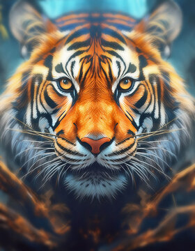 Art of biright eyes of bengal toger close up, AI generated