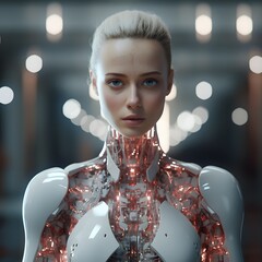 Futuristic AI Android. Female android with white porcelain skin. Futuristic sci-fi style. Generative AI.