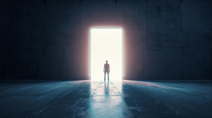 Person standing before a door of light in a dark room