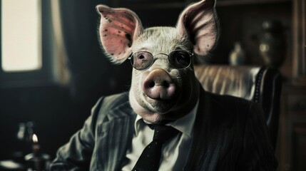 Pig dressed as a businessman in a humorous setting