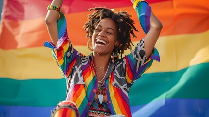 A person in a brightly patterned shirt and rainbow-colored sneakers, cheering in front of a pride...