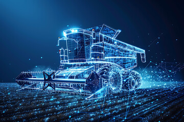 
A wireframe-style illustration showcases a modern harvester in action, emphasizing its sleek design and efficiency in agricultural technology
