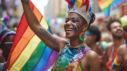A person in an elaborate, sequined outfit, smiling broadly while waving a colorful pride flag...