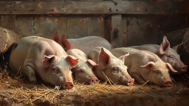 Pigs resting peacefully in a barn