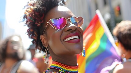 A person with a rainbow heart necklace and bold lipstick, smiling broadly while holding a pride flag.