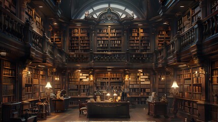 Obraz premium A vast, dusty library with towering shelves overflowing with leather-bound books and antique scientific instruments, illuminated by a single