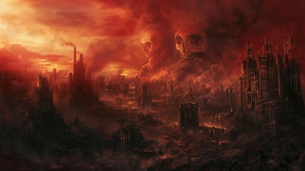 Apocalyptic vision of hell's city with a dominant Satan skull, smoke enveloping the eerie landscape, dark red sky looming overhead - obrazy, fototapety, plakaty