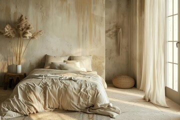 Serene bedroom in soft earth tones, emphasizing simplicity and peace