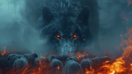 An ethereal close-up where a demon wolf's eyes pierce through the fog, observing a flock of sheep surrounded by fire-lit grass