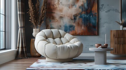 A plush armchair near a coffee table in a luxurious room with abstract wall art and a soft pastel...
