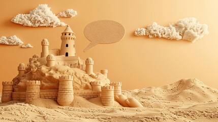 Sandcastle with a speech bubble for displaying childrens summer camp advertisements or beach games announcements