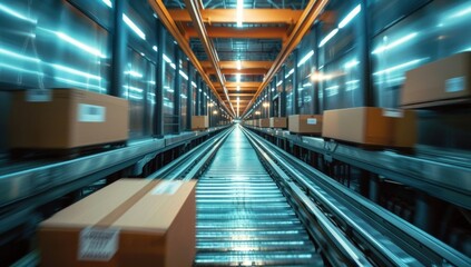Obraz premium A high-speed shot of boxes being loaded onto a conveyor belt leading into a waiting truck, highlighting the speed and efficiency of the process.