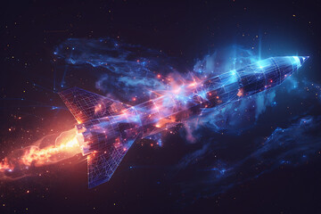 A futuristic wireframe-style illustration of a rocket, with intricate details and glowing lines against a dark background