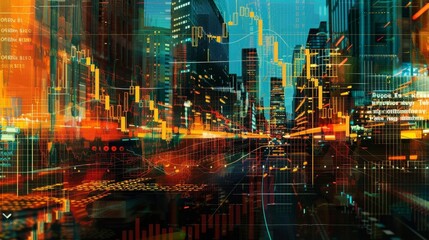 Fototapeta premium Stock market chart superimposed on an abstract city background
