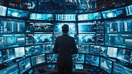Stock market trader surrounded by screens displaying financial data in a trading room