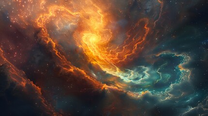 A vibrant abstract representation of a stellar nursery, with swirling gases, shockwaves, and a newborn star emerging in a burst of light