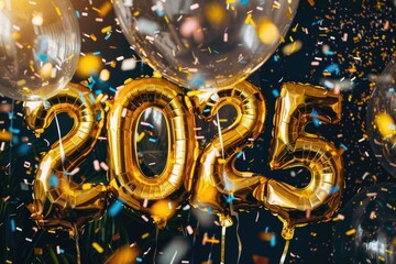 Festive celebration concept with golden 2025 balloons and colorful confetti on dark backdrop