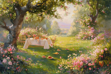 Classic oil painting, A serene picnic scene in a blooming garden