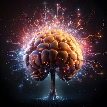 Human brain exploding with knowledge. A human brain with glowing neurons and lightning bolts radiating from its core. Generative AI.