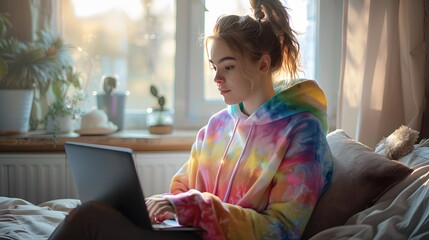 A relaxed woman in a colorful pride-themed hoodie, participating in a virtual meeting call from her...