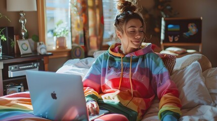 A relaxed woman in a colorful pride-themed hoodie, participating in a virtual meeting call from her bright and cozy bedroom with her laptop propped up on a cushion.