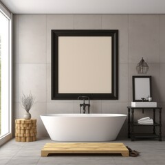 Blank picture frame color black . Bathtub in a 3d mockup bathroom.