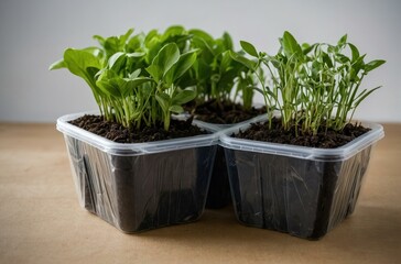 Green Seedlings in Plastic Containers