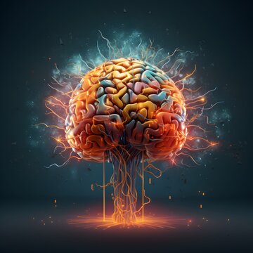 Human brain exploding with knowledge. A human brain with glowing neurons and lightning bolts radiating from its core. Generative AI.