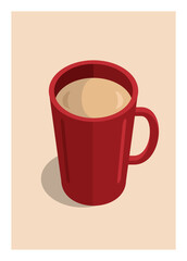 Milk coffee in a red cup. Simple flat illustration.
