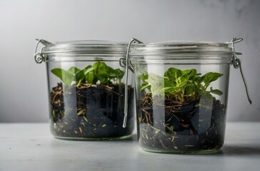 Young Plants in Glass Jars