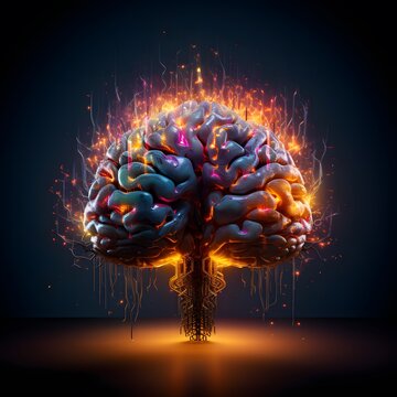 Human brain exploding with knowledge. A human brain with glowing neurons and lightning bolts radiating from its core. Generative AI.