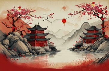 Tranquil Oriental Landscape with Cherry Blossoms