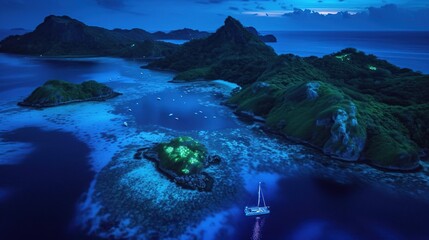 Sail through the Glowing Enchanted Archipelago, where islands, bioluminescent plants. Generative Ai