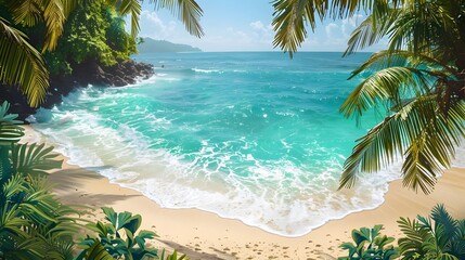 A serene beach scene with crystal-clear turquoise water lapping against white sand, framed by lush palm trees swaying in the summer breeze.