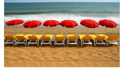 top view on the sandy beach sea tide, sun umbrellas, sun loungers