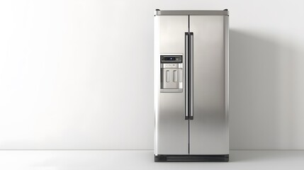 A sleek stainless steel refrigerator with double doors and an ice dispenser, isolated on a white background