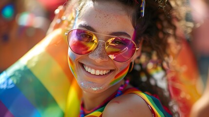 A smiling person wearing rainbow face paint and a vibrant pride flag draped around their shoulders, waving to the crowd.