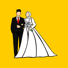 romantic faceless Islamic Muslim wedding couple holding hands man wearing black suit woman wearing white dress carrying flowers cartoon vector illustration