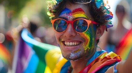 A smiling person wearing rainbow face paint and a vibrant pride flag draped around their shoulders,...